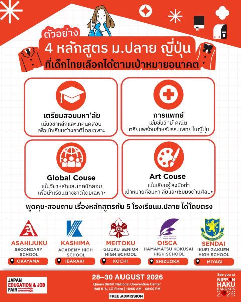 ตัวอย่าง 4 หลักสูตร ม.ปลายญี่ปุ่นที่เด็กไทยเลือกได้ตามเป้าหมายอนาคต มาพูดคุยได้แล้วที่งานนิปปอนฮาคุ