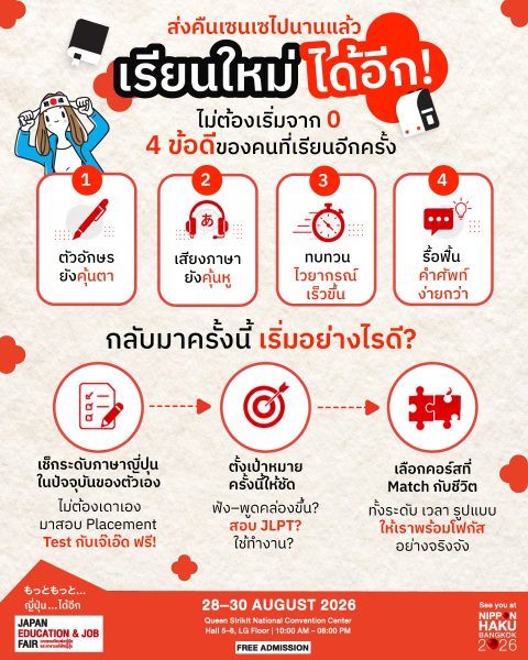 เรียนใหม่ได้อีก! ไม่ต้องเริ่มใหม่ สอบ Placement Test กับเจ๊เอ๊ดฟรีได้แล้ว หรือจะแวะมาพูดคุยได้ที่งานนิปปอนฮาคุ
